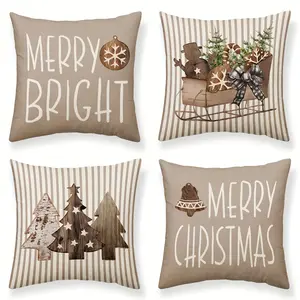 4pcs Merry Christmas Blessing Pillow Cover Warm Curry Stripe Vintage Woodgrain Sleigh Christmas Tree Cushion Cover Holiday Party Home Decor Pillow Cover 18 * 18 inches/ 45 * 45cm (Pillow Liner Not Included)