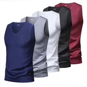 Men's seamless vest, ice silk milk silk summer wide shoulder V-neck sleeveless T-shirt, tight and slim fit sports vest.