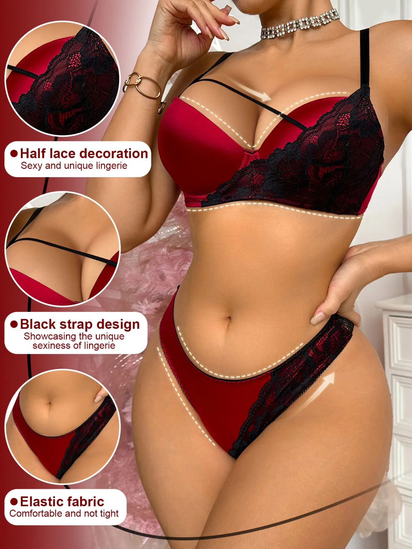 Women's Red Curvy Lace Underwire Push-Up Bra & Panty Set Add cup Lift Anti-Sagging  spport Breathable Elastic Fabric,comfortable Valentine's Day,Dates Night Everyday Wear Underwear Sets