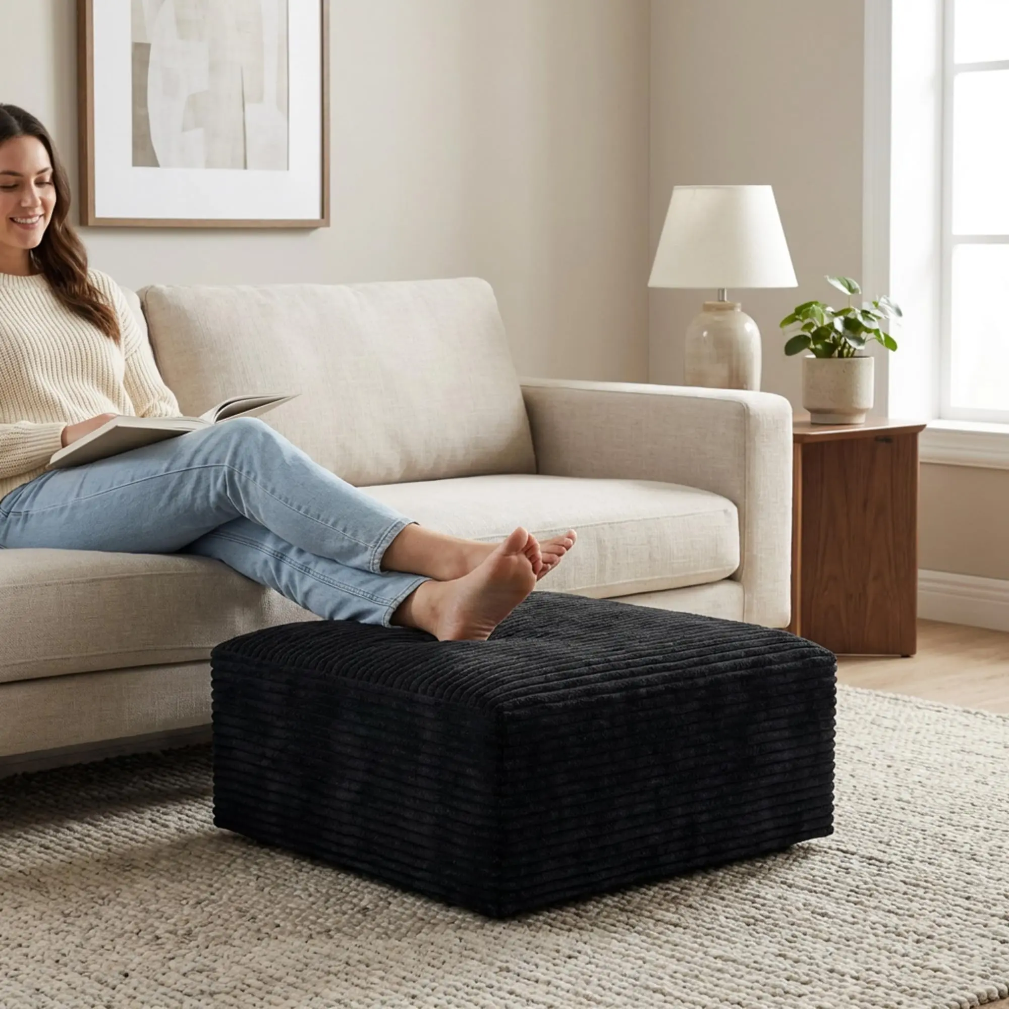 Large Size Corduroy Minimalist Furniture Ottoman - Oversized Square Frame-Free Foam Stool, Plush Upholstered Low-Profile Modern Soft Padded Pouf Ottoman Foot Rest with Supportive Cushioning, Clean Design Indoor Living Room Sectional Sofa Furniture