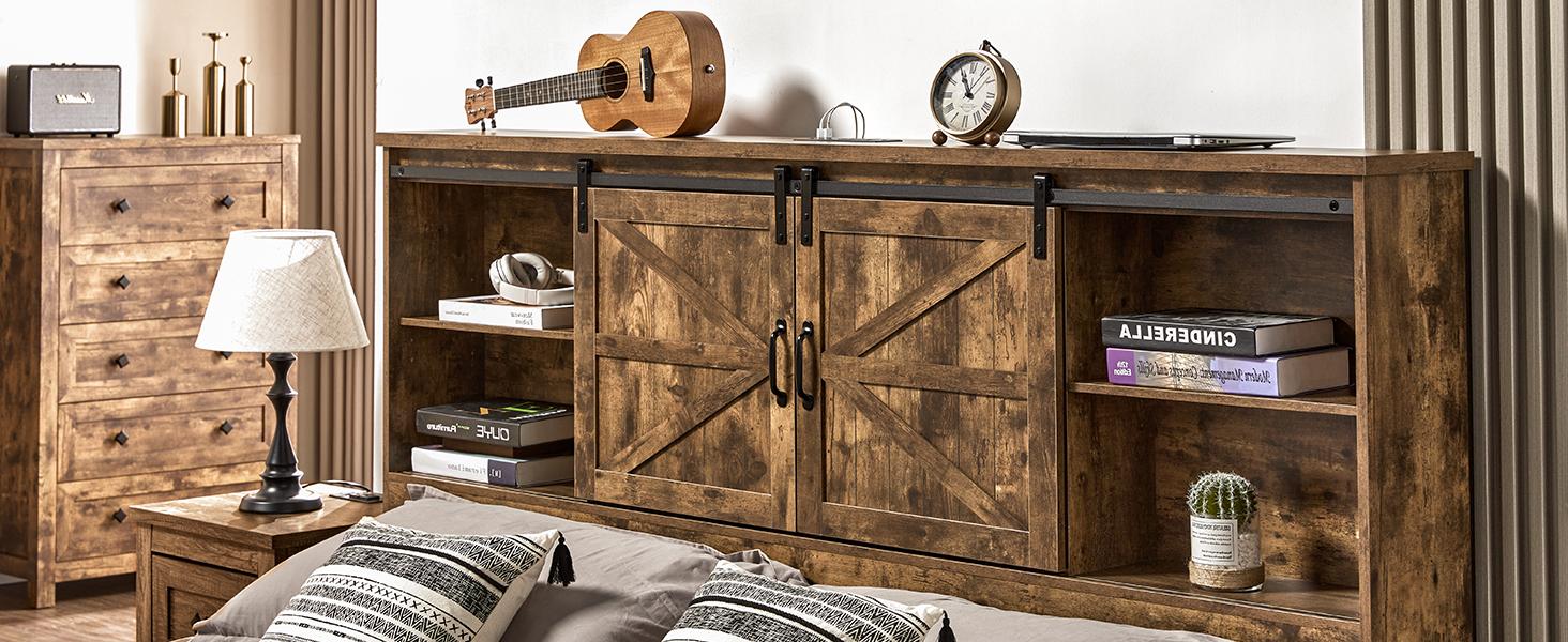 [Ships in 2 Boxes] AMERLIFE Rustic Bed Frame, Wooden Platform Bed with 51.2" Bookcase Headboard, 2 Drawers, Charging Station/No Box Spring Needed/Unique Bedroom Furniture/Best Gift Ideas/Christmas Gifts