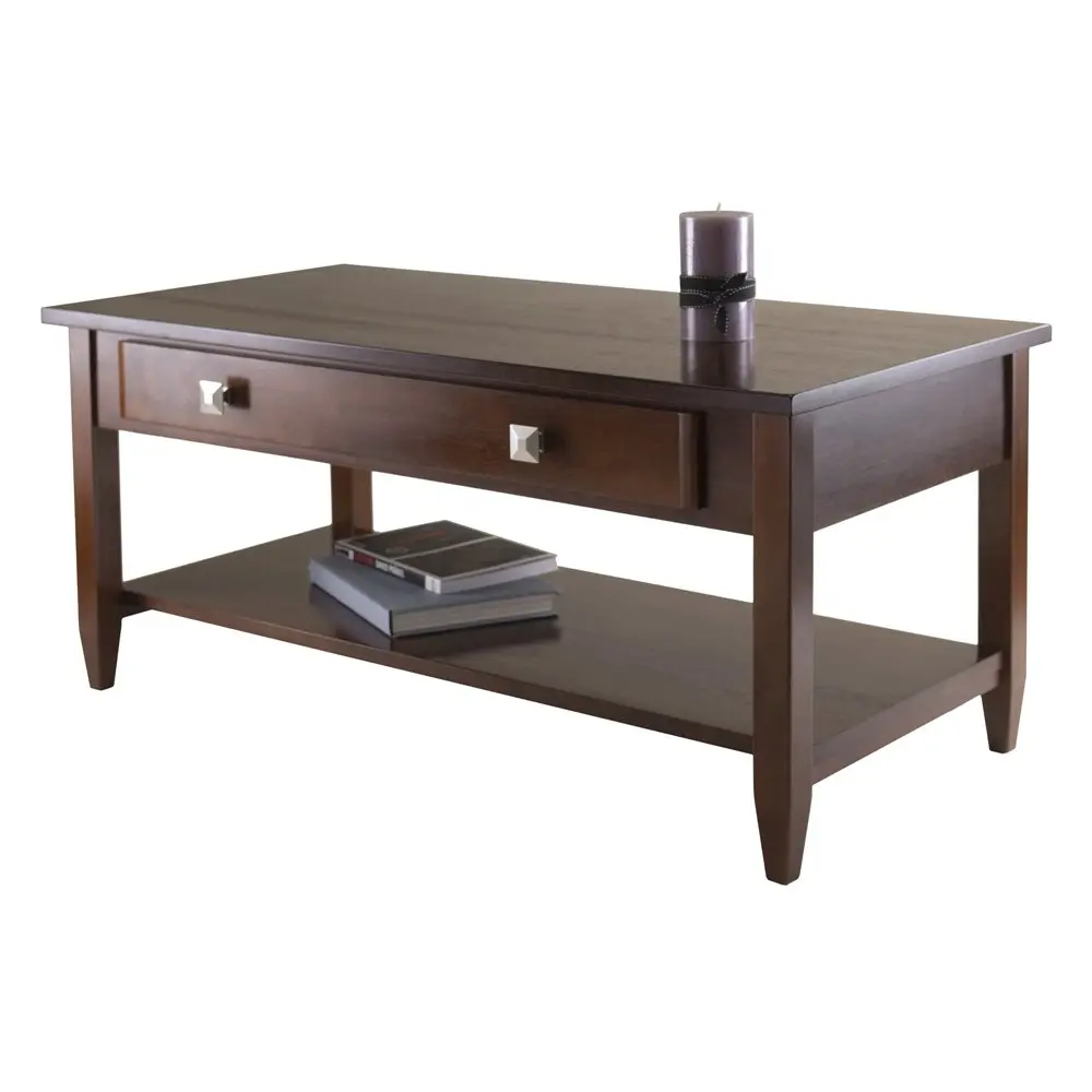 Antique Walnut Engineered Wood Coffee Table - Transitional Indoor Living Room Table with Tapered Legs, Refined Yet Sturdy Construction, Spacious Tabletop for Decorative Displays & Guest Hosting