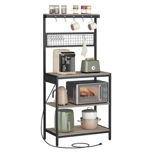 【Holiday Haul】VASAGLE Bakers Rack with Charging Station, 80 cm Coffee Bar with Adjustable Storage Shelf, Microwave Stand, Grid Panel, 12 Hooks, for Kitchen