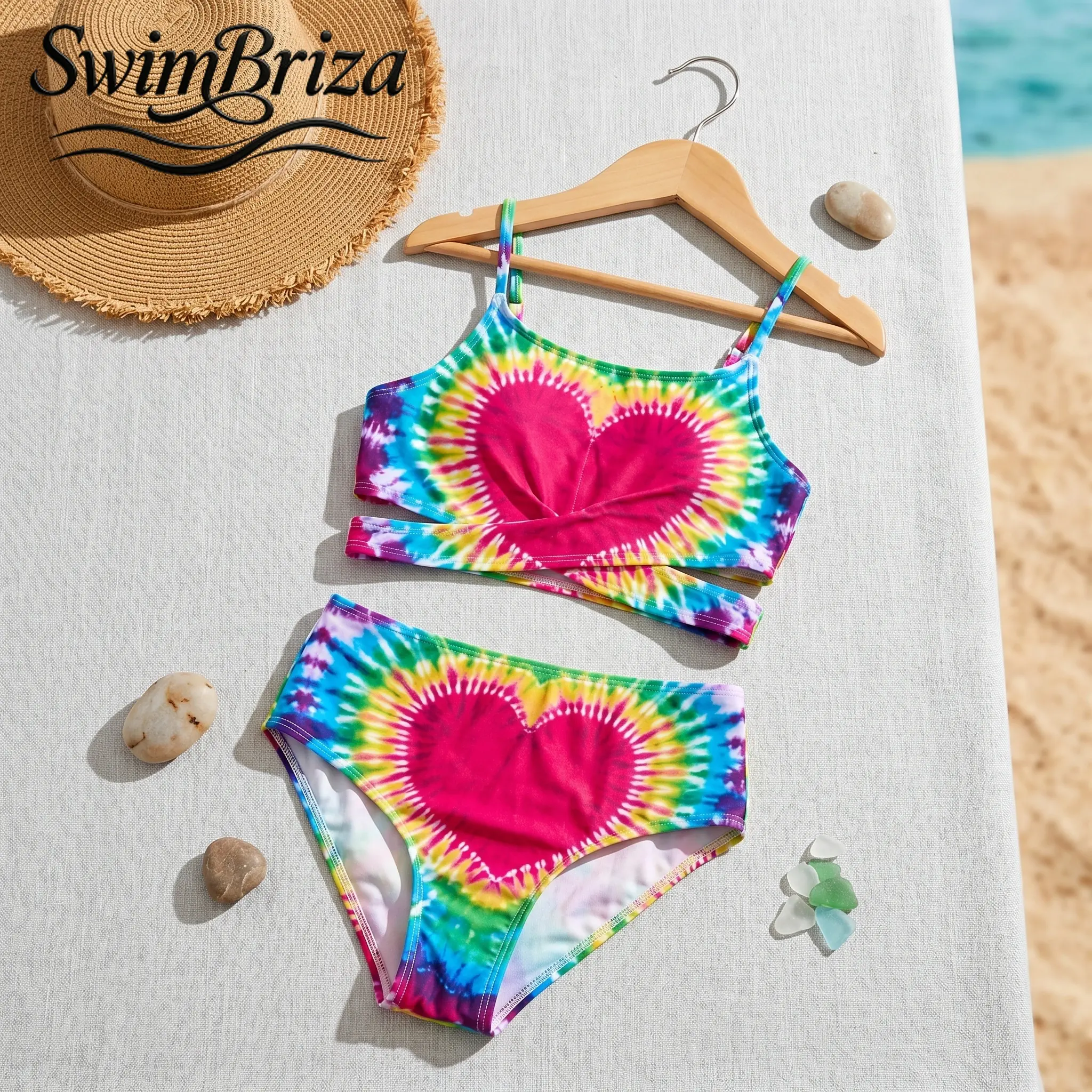 Briza｜Girls Two Piece Swimsuit Rainbow Tie Dye Heart Print High Waisted Bikini Set, Cute Bathing Suit for Beach Vacation, Summer Swimwear, Pool Party, Resort Swimsuits for Kids, Girls Swimwear, Kids Bathing Suit, Two Piece Bathing Suit