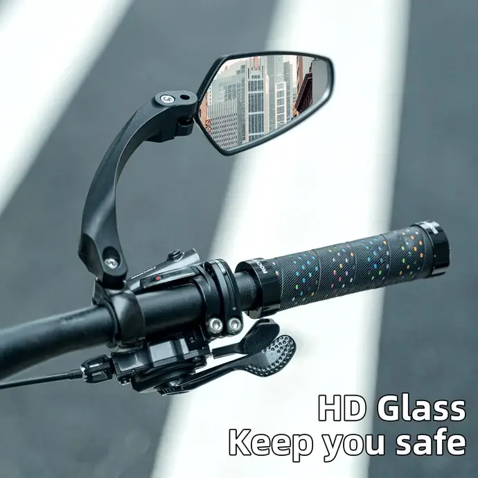 ROCKBROS Bike Handlebar Rear View Mirror - Outdoor Cycling Accessories, 360-Degree Adjustable Wide-Angle Anti-Glow HD Glass Reflector, High-Strength PC Arm, Lightweight 21-26mm Handlebar Mount for Left/Right Use