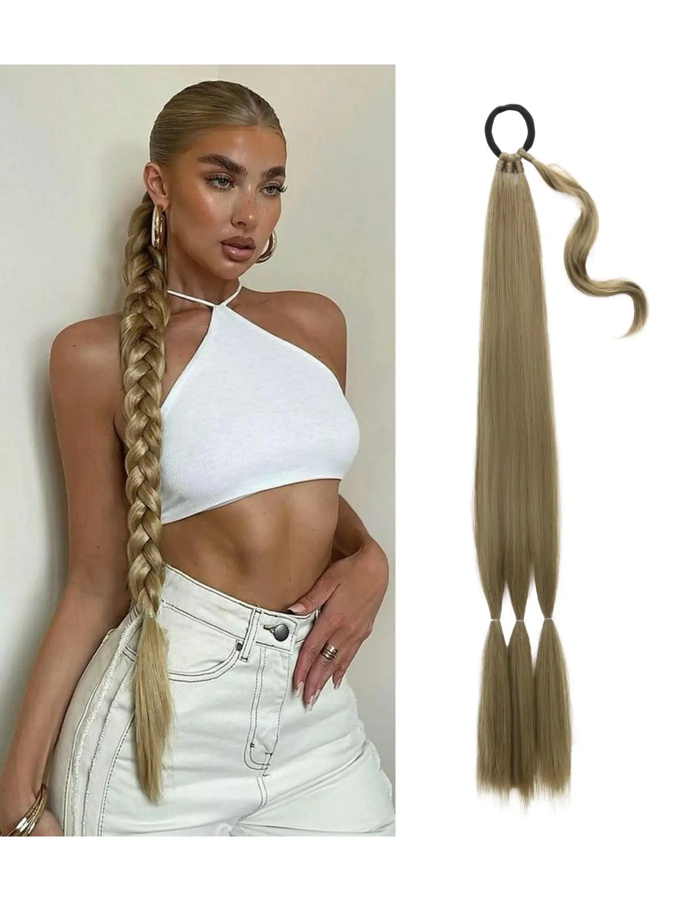 32-Inch Long, Pre-Braided 3-Strand Ponytail Extension with Elastic Band — Smooth, Wrap-Around Straight Synthetic Hairpiece for Women Synthetic Extensions