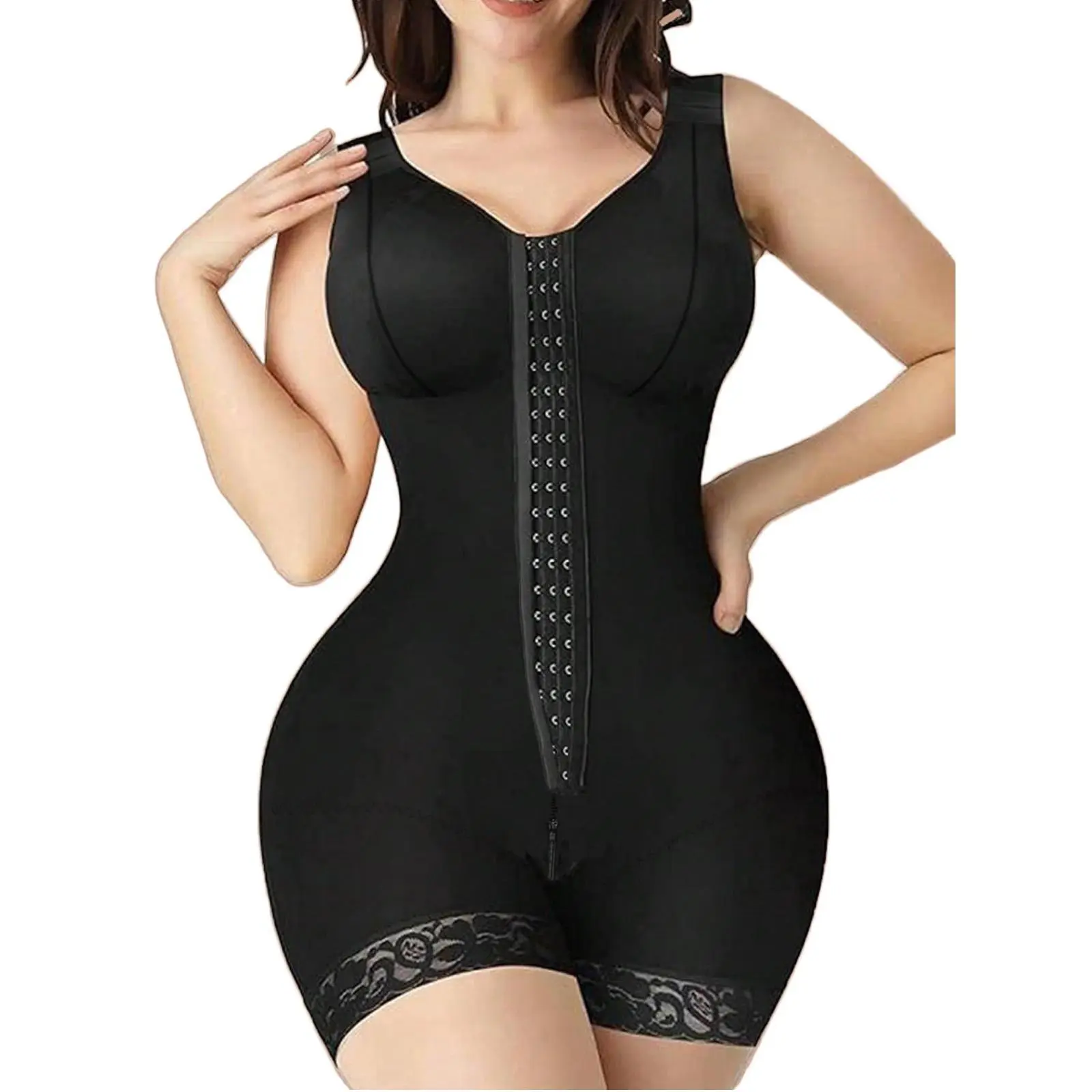 Women's Colombian Curve Shaping Bodysuit High Compression Tummy Control Butt Lifter & Hip Enhancer Full Body Shaper with Lace Trim Zipper Crotch  One-Piece for Postpartum Gym & Casual Attire Shapewear Fit  post-surgery recovery full Black Minimalist