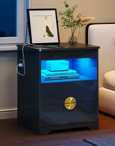 Dystler Night Stand with Gun Drawer, Bedside Table with 3-Color LED Lights & Human Sensor, Smart Nightstand with Charger Station, 2 Drawers Modern End Table for Bedroom