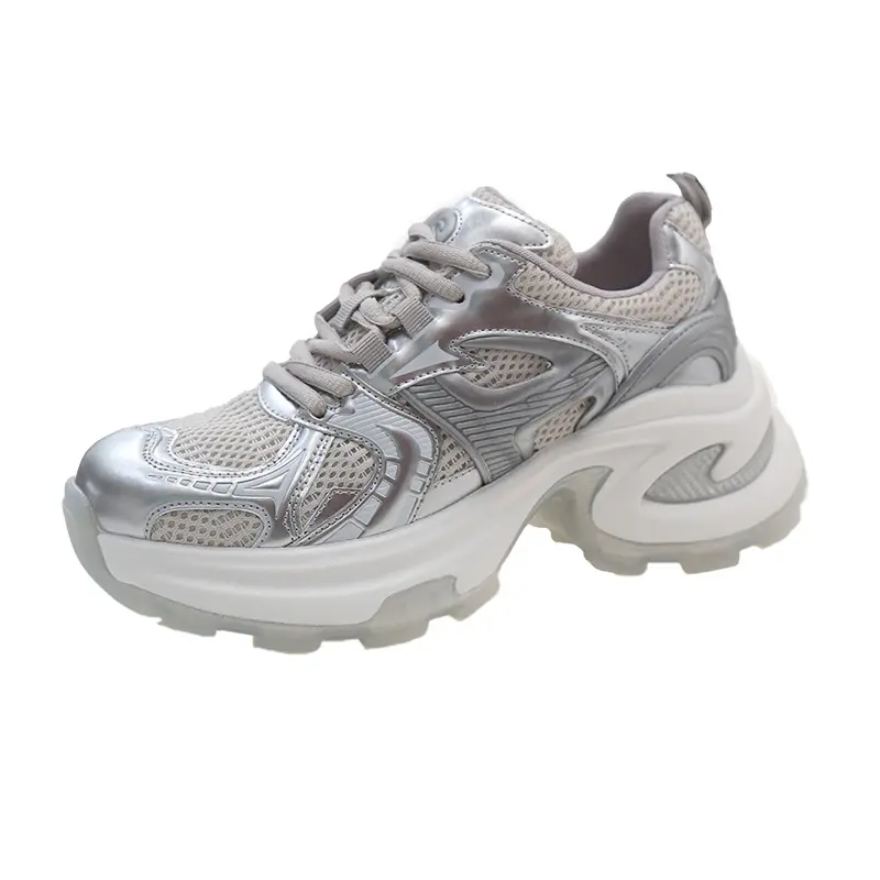 Futuristic Silver Metallic Chunky Sneakers with Breathable Mesh Upper & Sculpted Platform Sole – Perfect for Y2K Fashion & Street Style