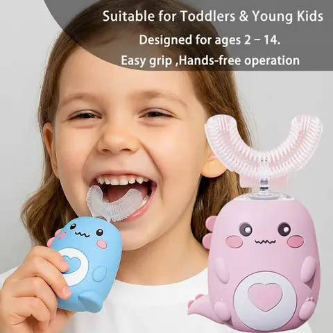 Kids Silicone U-Shaped Rechargeable Electric Toothbrush for Ages 2-14, with 3 Cleansing Heads, 3 Brushing Modes, Whitening, Waterproof, Bite-Resistant, Travel-Size, BPA-Free, 60s Brushing Timer, 1-2H Charging, 15 Days Use Personal Care Appliance