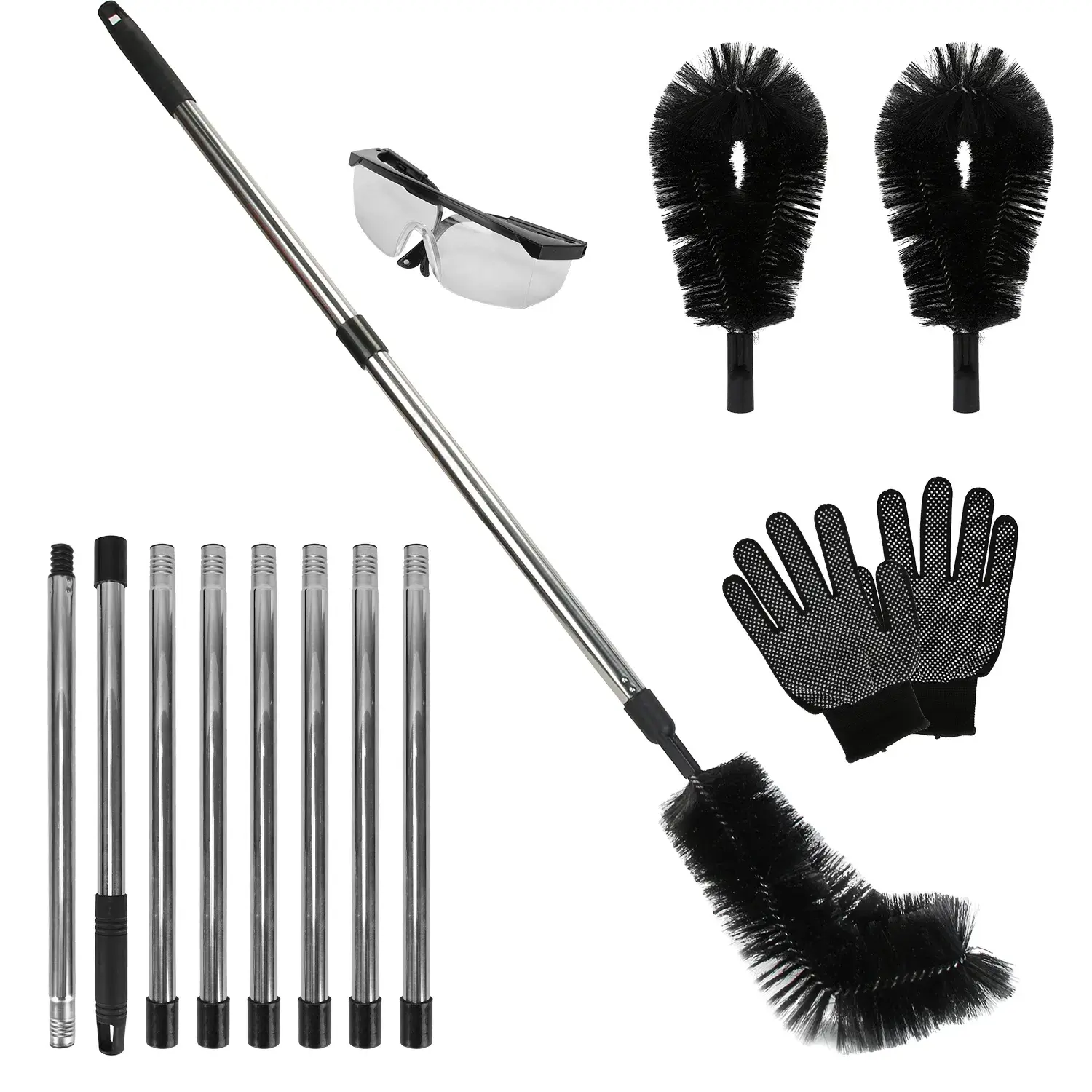 10.5FT Long Nylon Gutter Cleaning Brush Kit with Telescoping Handle - 7 Adjustable Pole Lengths, 2 Flexible Angled Brushes, Anti-slip Gloves, Protective Goggles, Broom, Steel Adjustable Component (Ground-Use Extendable Tool)