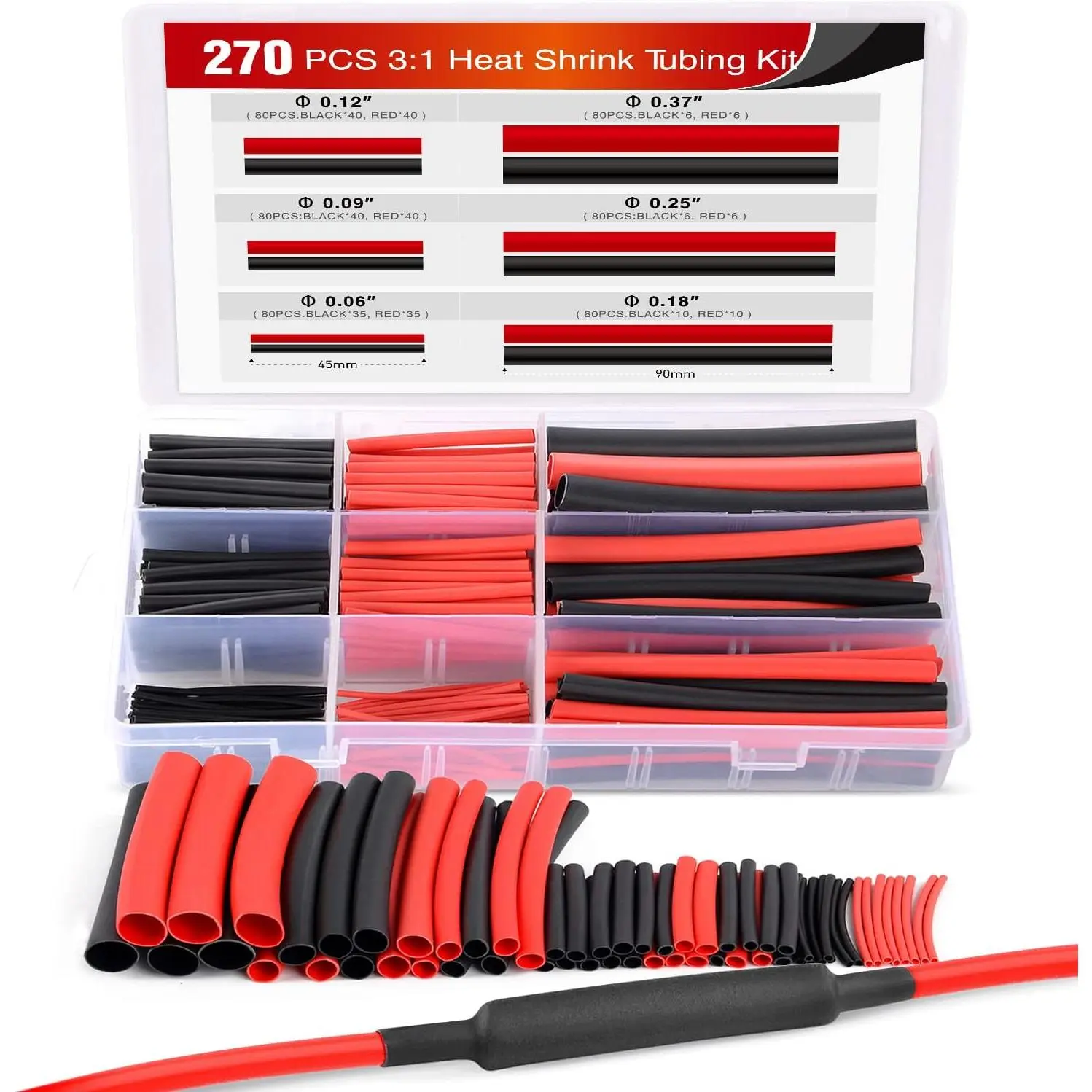 Nilight 270pcs 3:1 Dual Wall Adhesive Heat Shrink Tubing Assorted Pack - ROHS, Flame-Proof, Heat-Resistant Insulation Cable Sleeve Kit for Workshop, DIY Enthusiasts, 6 Diameters (1/16in to 1/4in +1 Missing Size), Storage Box, 2-Year Warranty, Workshop Use