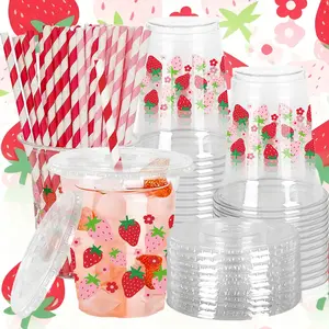 20-Pack Strawberry Theme High Quality Plastic Cups with Lids and Straws, 12 Oz Reusable Party Drinkware, Perfect for Gatherings and Events