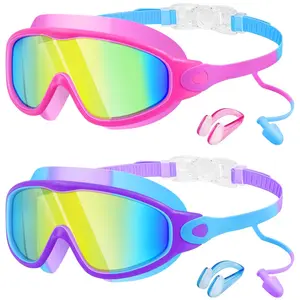 Swim Goggles 2 Pack, Kids Goggles with Earplugs& Nose Clip Wide View Anti-Fog/UV Swimming Goggles, Adjustable Straps for Age 3-15 Boys Girls