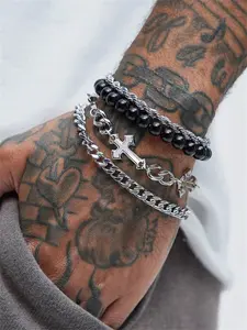 Punk Cross Beaded Stainless Steel Chain Bracelets, Cross Charm Bangle, 4-Piece Set for Men, Ideal for Daily Wear & Special Occasions, Perfect Gifts, Stackable Bracelets