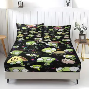 Invader Zim Gir Fitted Sheet Set, Nostalgic Cartoon Design, 3-Piece Set, Cozy Bedroom Upgrade, Thoughtful Gift for Animation & Retro Style Enthusiasts, Bed Sheets Set