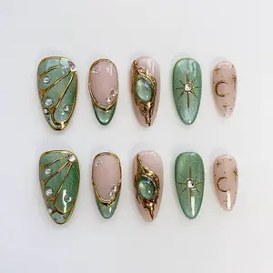 Summer Cat Eye Green Press on nails short almond nails/Glitter Nails/Sparkle Nails/Butterfly Nails/Star Nails/moon nails/3D Gold Chrome nail