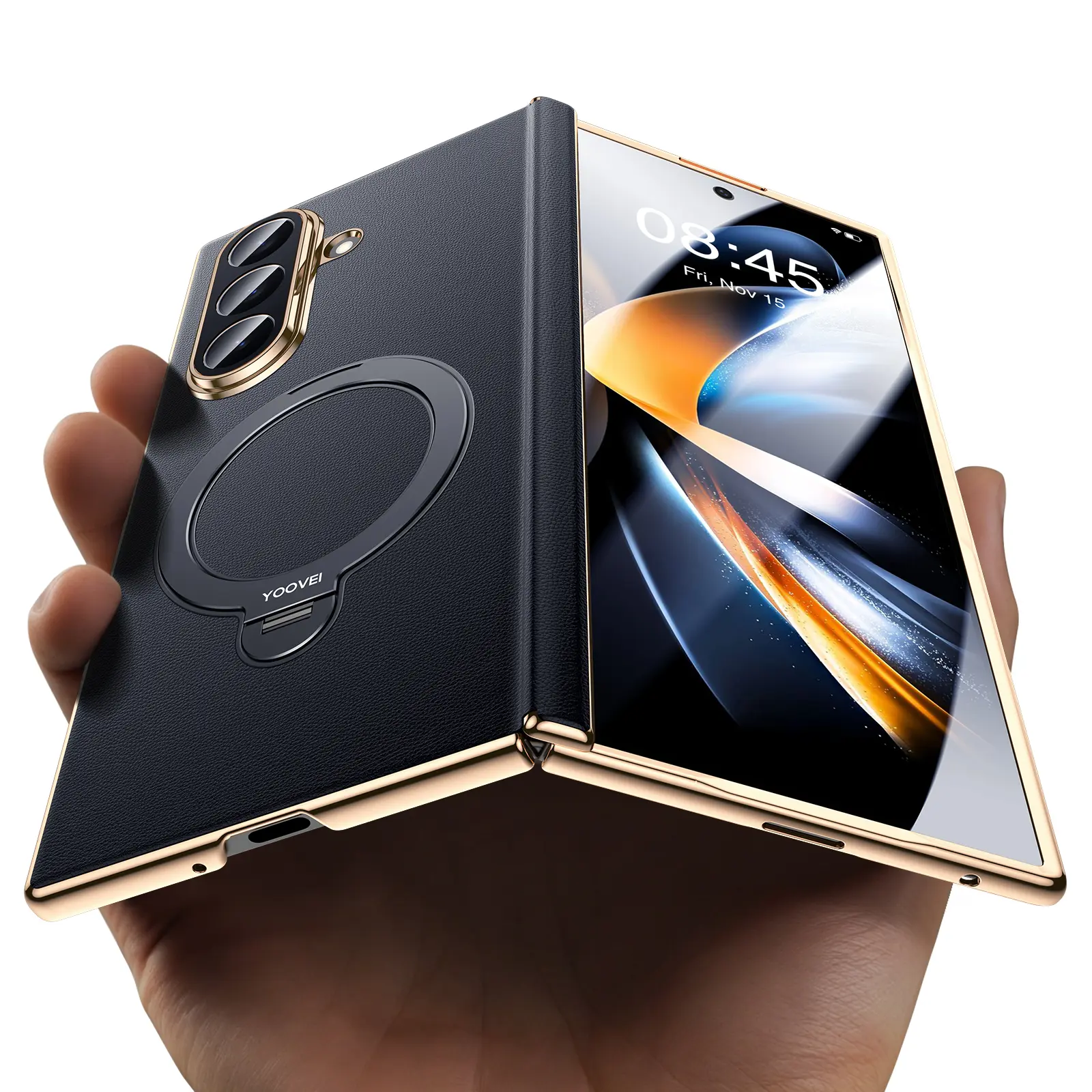 Magnetic for Samsung Galaxy Z Fold 7 6 5 Case Luxury Leather [Hinge Protection] Built-in [Screen Protector] [Fit for MagSafe] Zfold 7 6 5 Case with Kickstand & Ring Holder