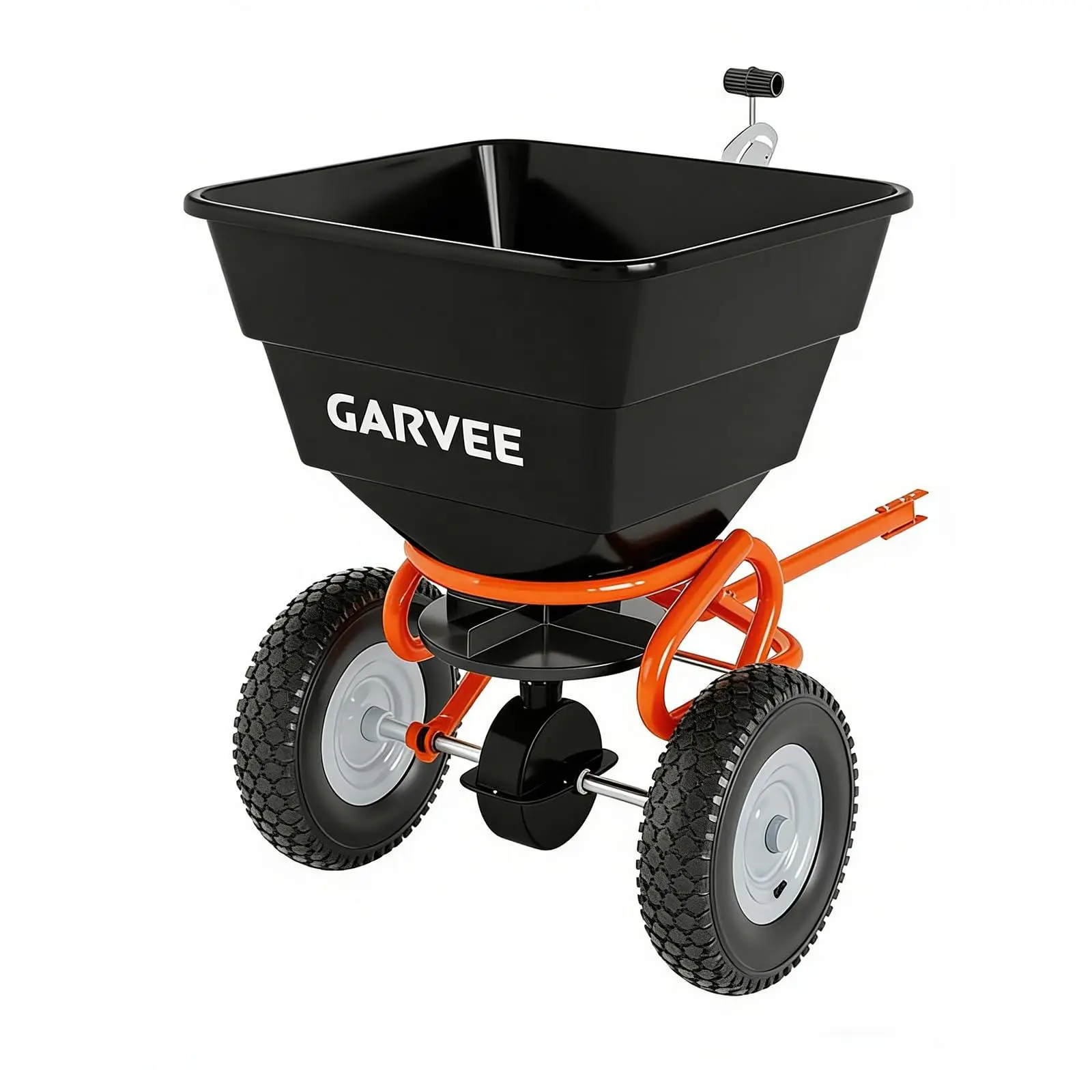 GAOMON Tow-Behind Broadcast Spreader with Tow Bar, 130lb Rust-Resistant Poly Hopper, 10" Pneumatic Tires, Flow Adjust Control, Sieve, Quick Connect Kit for ATV/Tractor (Black+Orange), Steel Build, Smooth Stable Roll, All-Season Versatility