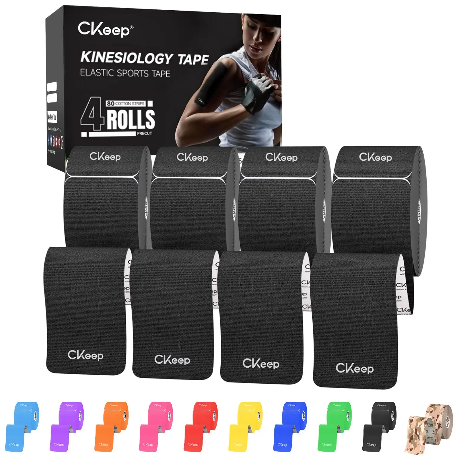 CKeep Kinesiology Tape (4 Rolls, 80 Precut 10" Strips), Original Cotton Elastic Athletic Sports Tape for Muscle Support, Injury Prevention