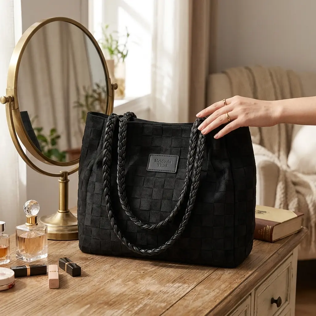 Checkered Tote Bag for Women with Braided Straps, Cute Soft Shoulder Bag with Scarf Ribbon, Large Trendy Everyday Purse – Black / Cream