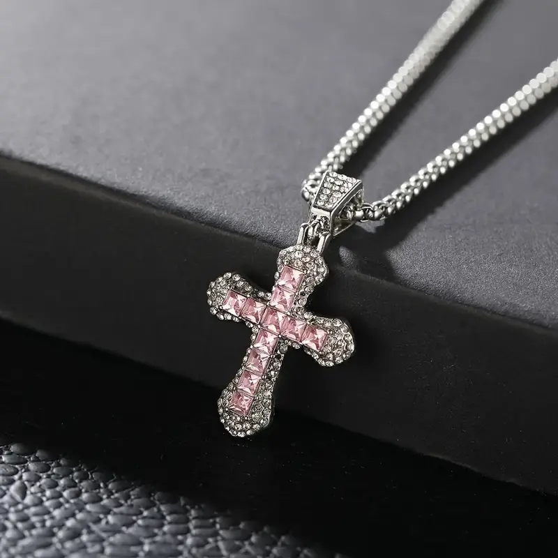 Orazio Jewelry Women's Pink Zircon Cross Necklace Pendant - Artificial Zircon Gemstone Pendant Necklace, Fashion Jewelry Accessory, Zircon Gemstone Necklace