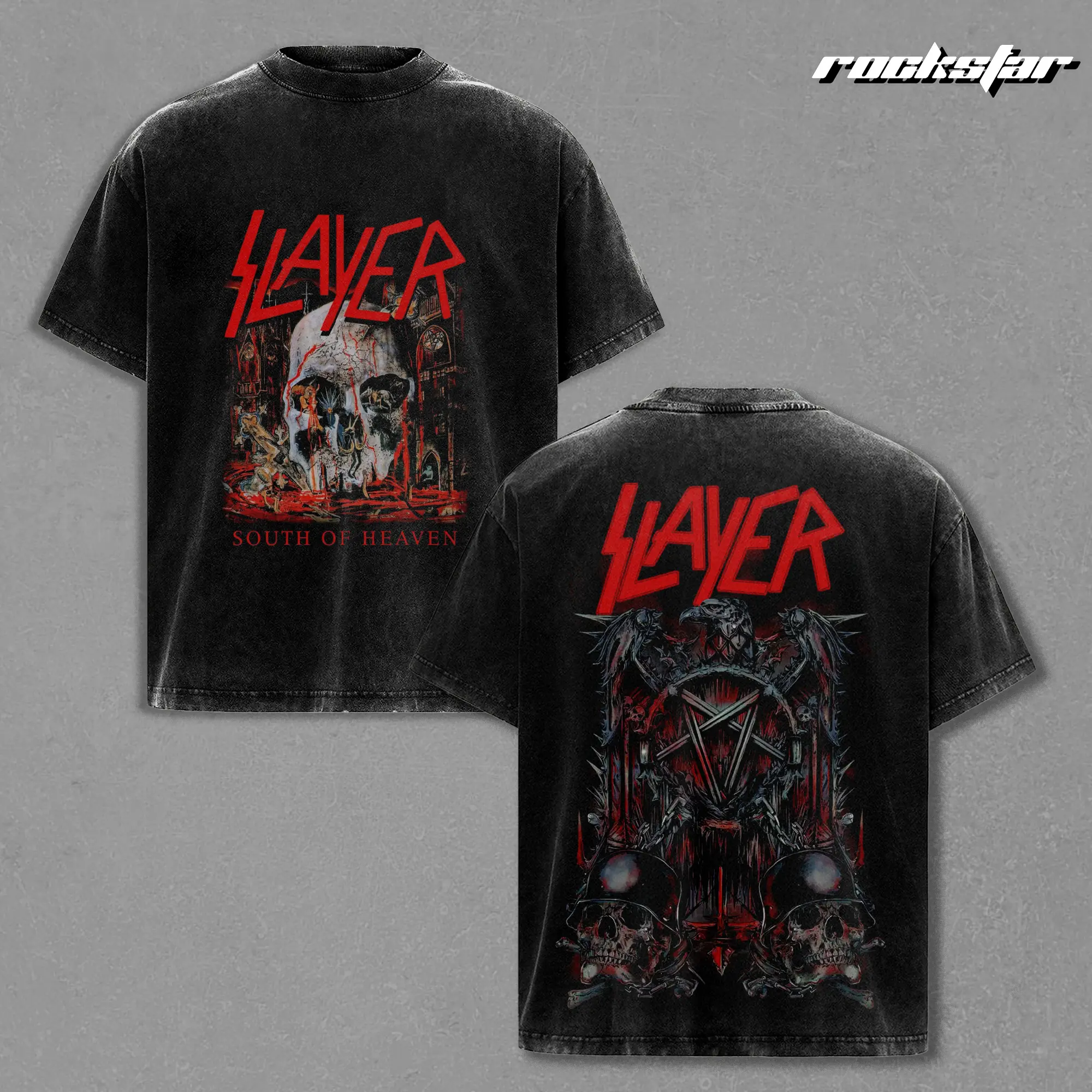 Slayer South of Heaven Vintage Washed T-Shirt, Eagle Skull Graphic Tee with Red Logo Design, Oversized Black Heavyweight Streetwear Shirt for Men Women Music Fans