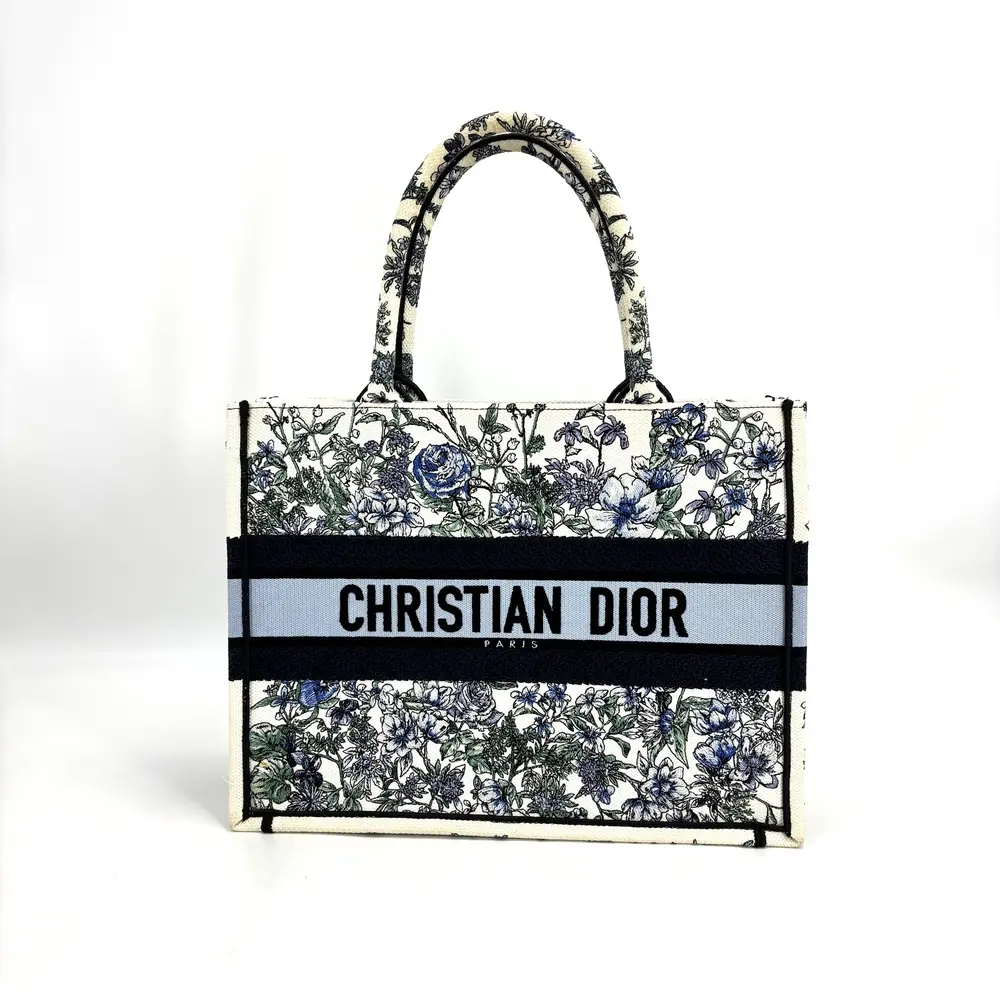 Pre-owned Dior Christian Embroidered Flowers MM Book Tote Blue