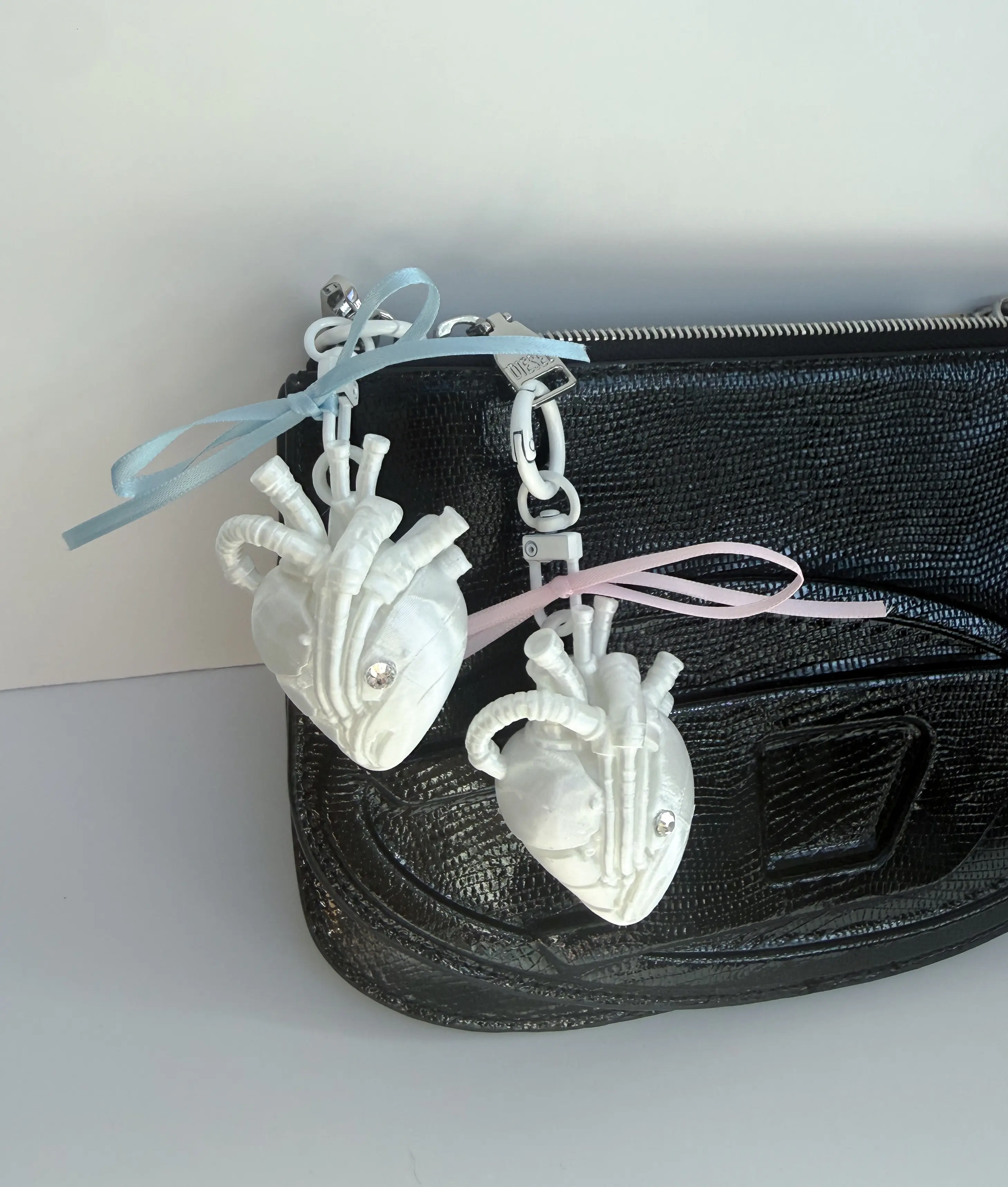 Cyber Heart Bag Charm - with Crystal and Silk Ribbon - Futuristic Cyberpunk Bow Heart Keychain