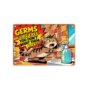 "Germs Are Like Exes" Funny Cat Bathroom Metal Sign, 12x8 Inch Retro Comic Style Handwashing Wall Decor