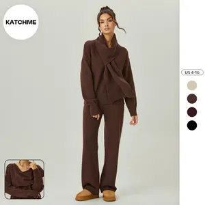 KatchMe Women's Basic V-Neck Long Sleeve Sweater with Scarf & Wide Leg Trousers Co-ord, Cozy Solid Color Outfits for Fall & Winter, Casual Matching Set Womenswear (2)
