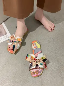 VIBEFASH Women's Orange Nautical Print Slide Sandals, Large Bow Open Toe Flat Sandals, Trendy Summer Party Casual Footwear