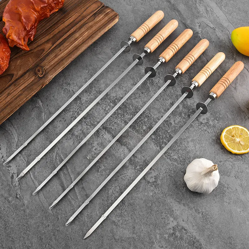 6-pack of wooden handles with baffles, stainless steel barbecue skewers, barbecue skewers, grilled seafood, commercial household skewers, outdoor barbecue tools