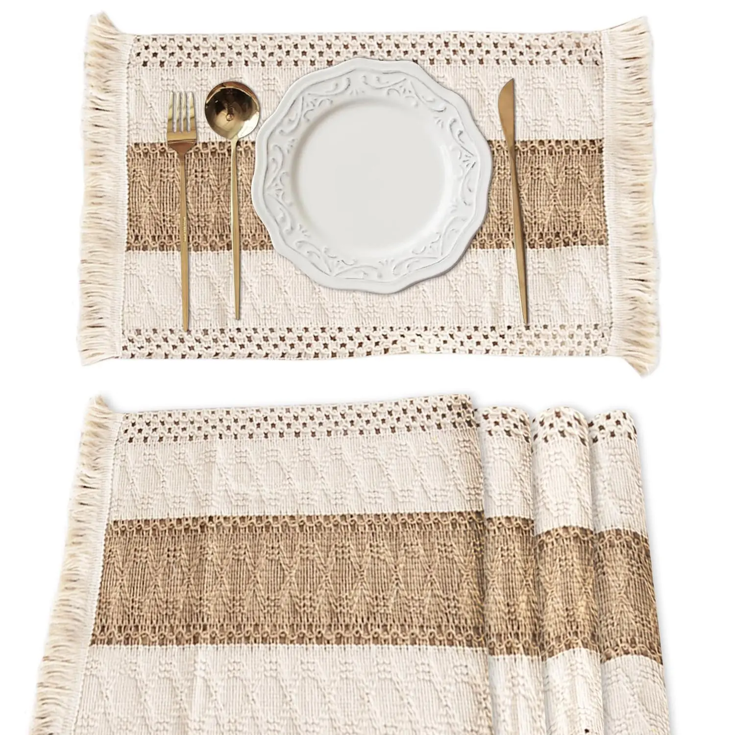 Boho Kitchen Decorative Placemat & Coaster Set (4-Piece), Natural Cotton Burlap with Knit-Made Texture, Farmhouse Style Tableware for Indoor Dining, Picnic-Ready Mats & Sweet Wedding Decor