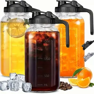 2/3pcs Thickened Glass Water Pitcher, Black/Gray, 64oz Mason Cold Brew Bottle, with Sealed Leak-Proof Lid, Lead-Free Glass Material, Breast Milk Jug, Refrigerator Storage, Coffee, Family Dinner Water Cup (2/3pcs)