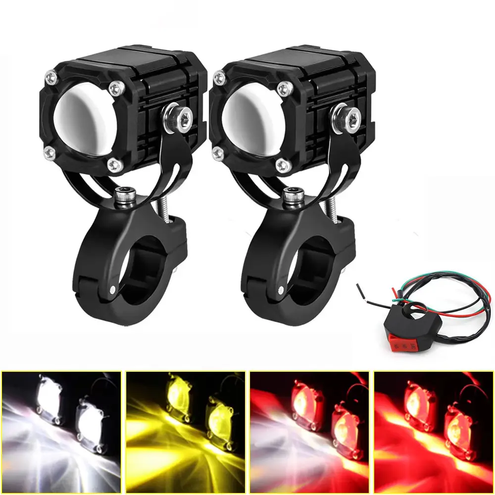 2PCS Universal Motorcycle LED Spotlights - 360° Adjustable Dual-Tri Color Strobe Fog/Running Lights, Brightening Effects LED Lights for Night Riding Safety Accessories