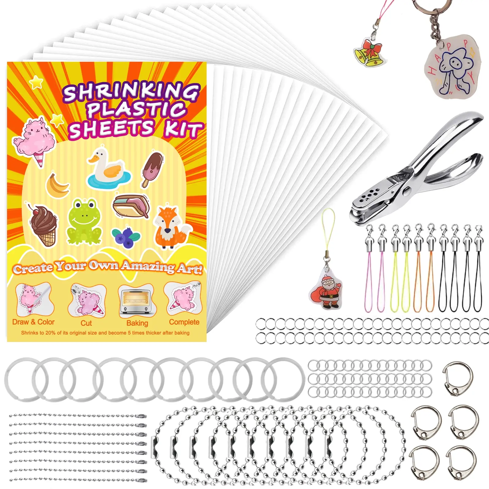 DIY Shrink Paper Kit for Keychains and Pendants, Includes Matte Single-Sided Shrink Paper for Creative Crafts and Party Activities, Keychain Attachment, Cute keychain accessory