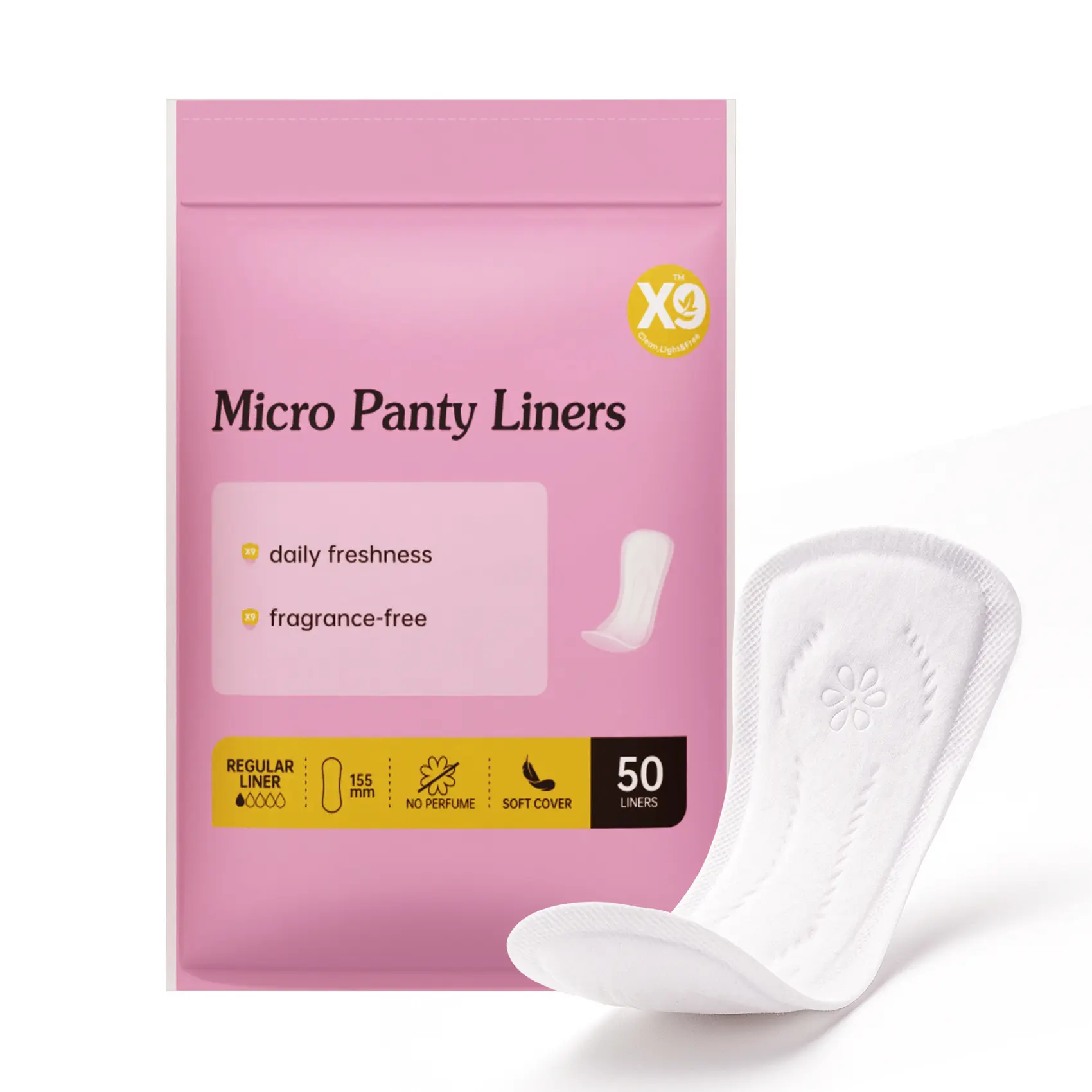 X9 panty liners for women，100% Organic Cotton liners for women，Thin No Feel Protection Daily Liners，period underwear for women， Regular155mm, Ultra-Thin and High Absorbency feminine pads,Unscented pantiliners for women,disposable womens pads-50 pcs/Bag, M