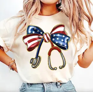 American Nurse Coquette T-Shirt, 4th of July Coquette Tee, America Shirt, Nurse Bow Ribbon Stethoscope American Flag Sweater, USA Nurse Gifts, For Her