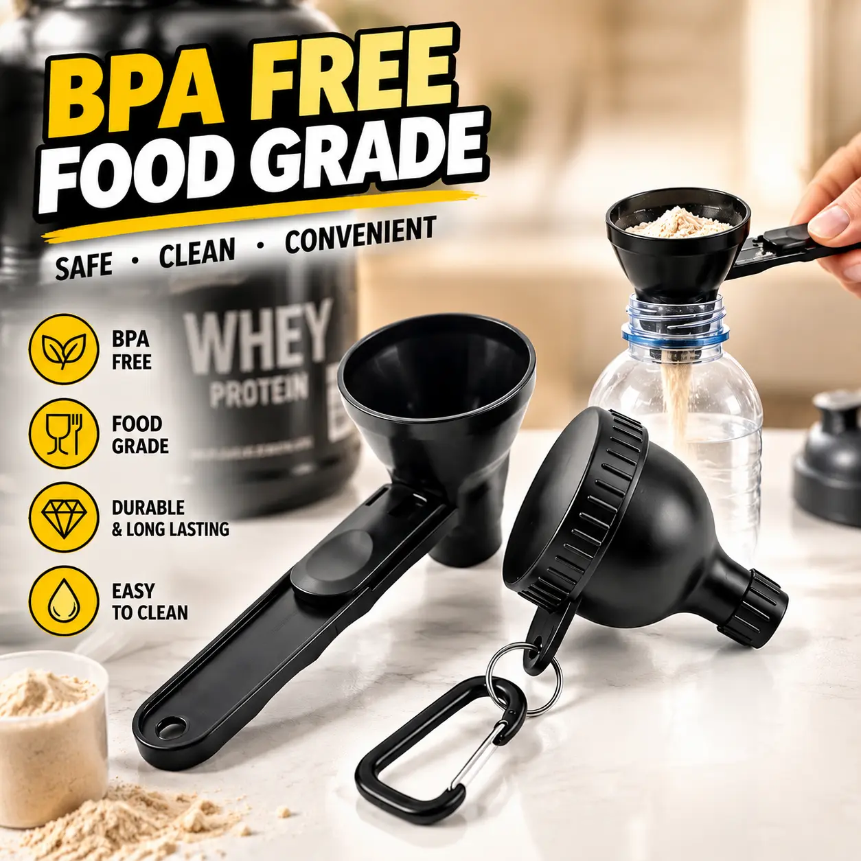 [Buy 1 Get 1 Free] BPA-Free Plastic Protein Powder Scoop with High-Quality Funnel Form, Foldable, Sliding Seal, 2 Pieces, for Pre-Workout Creatine Powder & Coffee Creamer, Ideal Gift for Valentine's Day (Abs-Friendly Home Supply) Tea Black