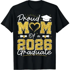 Proud Mom 2026 Graduate Short-Sleeve Casual Round Neck Print Streetwear Shirt, Women's Casual Sports Top for Senior 2026 Grad Family, Shortsleeve