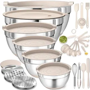26 Pcs Mixing Bowls with Airtight Lids, Stainless Steel Bowls Set, 3 Grater Attachments & Black Non-Slip Bottoms Great for Mixing & Serving Tableware