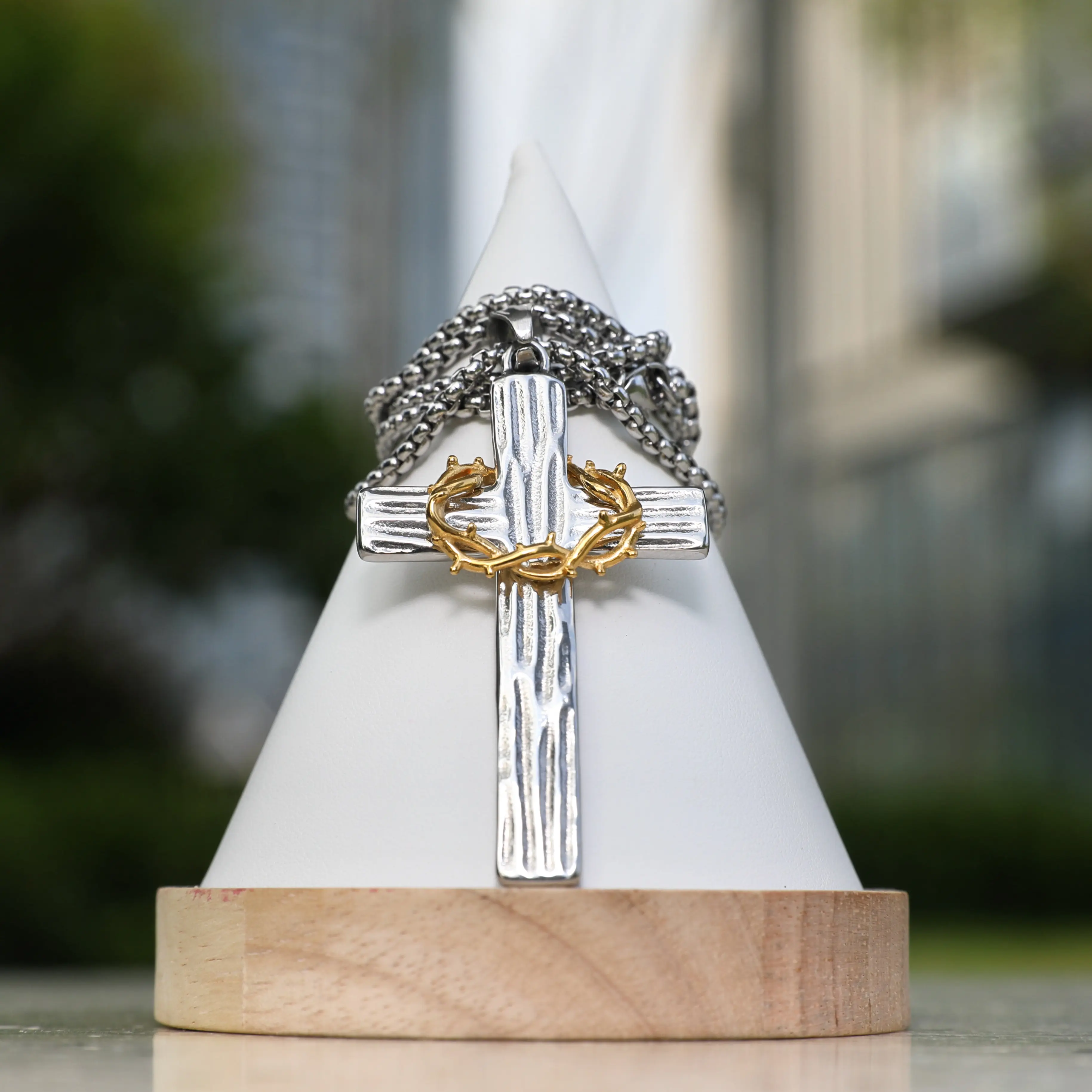 Unisex ThreadTonic Long Stainless Steel Gold Necklace Set - Jewelry Accessory with Cross Gold Ring, Retro Geometric Design, Super Strong Minimalist Chain & Link, Threaded Coated Metal Pendant for Casual Daily Wear & Gifting