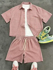 Men's Two-Piece Set, Plaid Short Sleeve Shirt + Elastic Waist Drawstring Shorts, Summer Casual Breathable Street Style