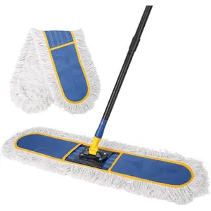 36" Commercial Dust Mops for Floor Cleaning, Industrial Dry Mop with Heavy Duty Long Handle, Large Cotton Reusable Mop Head, for Hardwood, Tile, Concrete, Laminate, Garage Floors(Blue)