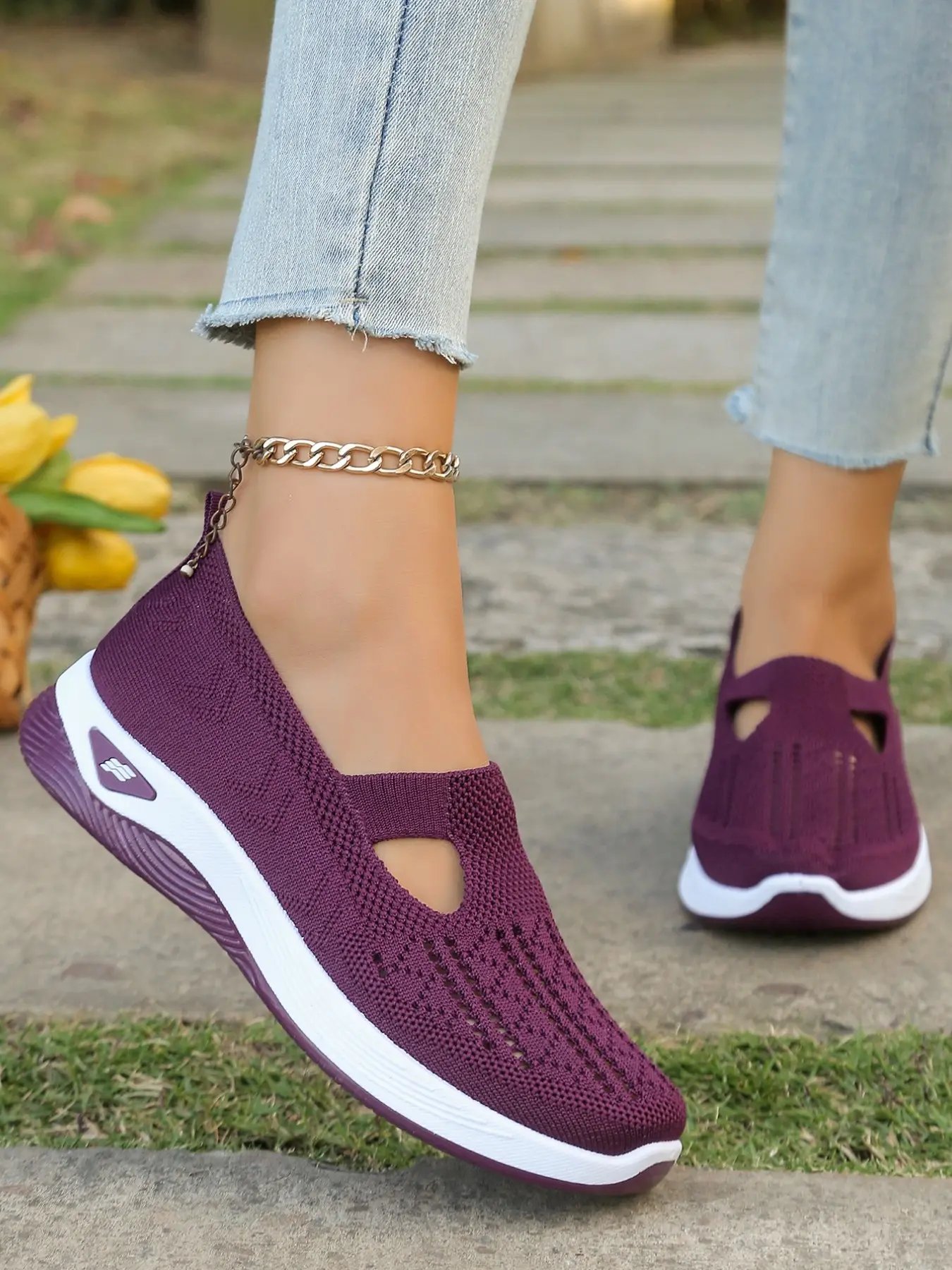 2026 New Bestselling Knit Breathable Hollow Out Minimalist Casual Leisure Walking Shoes for Women, Lightweight Comfort Open Slip-On Lazy Shoes, Daily Wear Soft Sole Mom Shoes, No Tie Shoes
