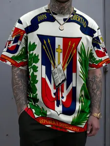 Men's Dominican Flag & Coat of Arms Cultural Thermal Transfer Geometric Print T-Shirt, Perfect Gift for Alternative Fashion Lovers, Casual Long Fitted Tee, Streetwear, Menswear, Top