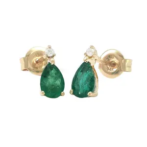 Pear-Shaped Emerald and Diamond Earrings in 14K Gold