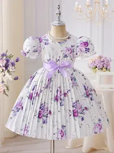 Summer Girls Elegant Dress Floral Print Bubble Sleeves Back Water Drop Belt Sweet Princess Party Gown for Parties and Events Gift, Flower Print Dress, Charming Floral Pattern