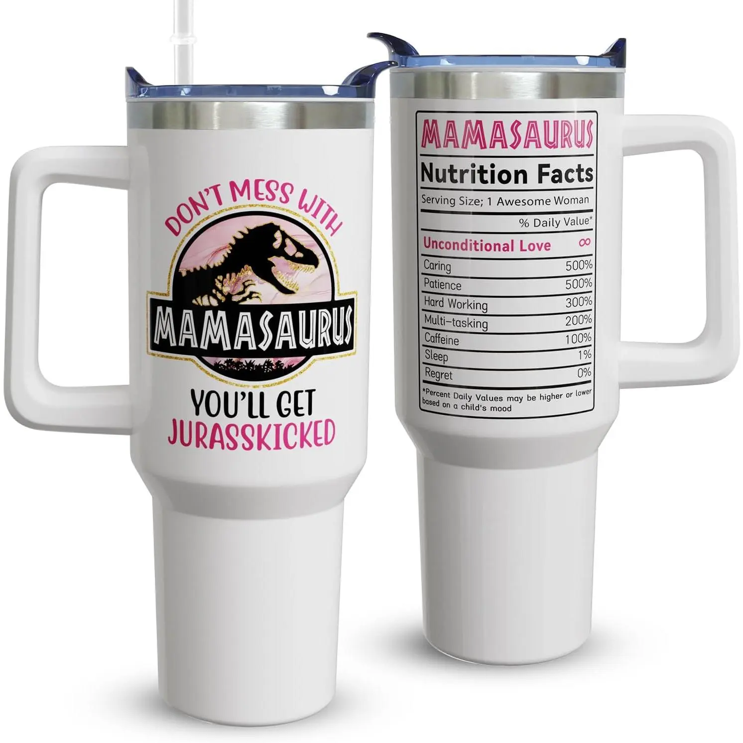 40oz Stainless Steel Vacuum Flask Tumbler with Handle, Straw, Lid - Mamasaurus Retro Reusable Insulated Travel Coffee Cup, Ideal Mother's Day Gift for Moms, Flasks, Tumbler With Lid Vacuum Flasks